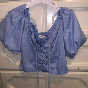 Puff-sleeve lace up blouse